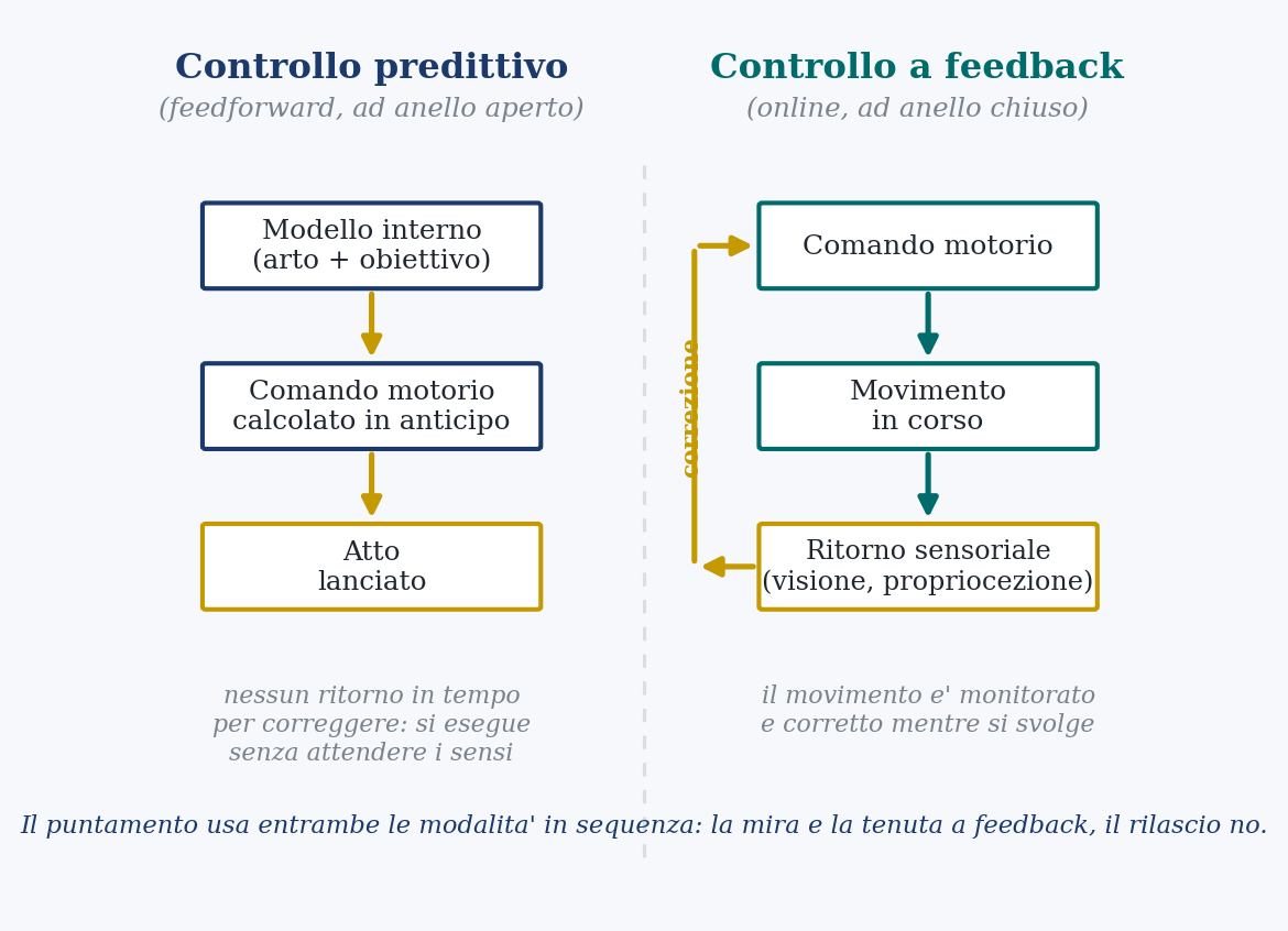 Figure 2. The two ways to control a gesture. On the left, predictive control: the command is computed beforehand and launched, with no time to correct. On the right, feedback control: the movement is monitored and corrected while it unfolds. Aim and hold use them in sequence; the release, as will be seen, does not. Original diagram for teaching purposes.