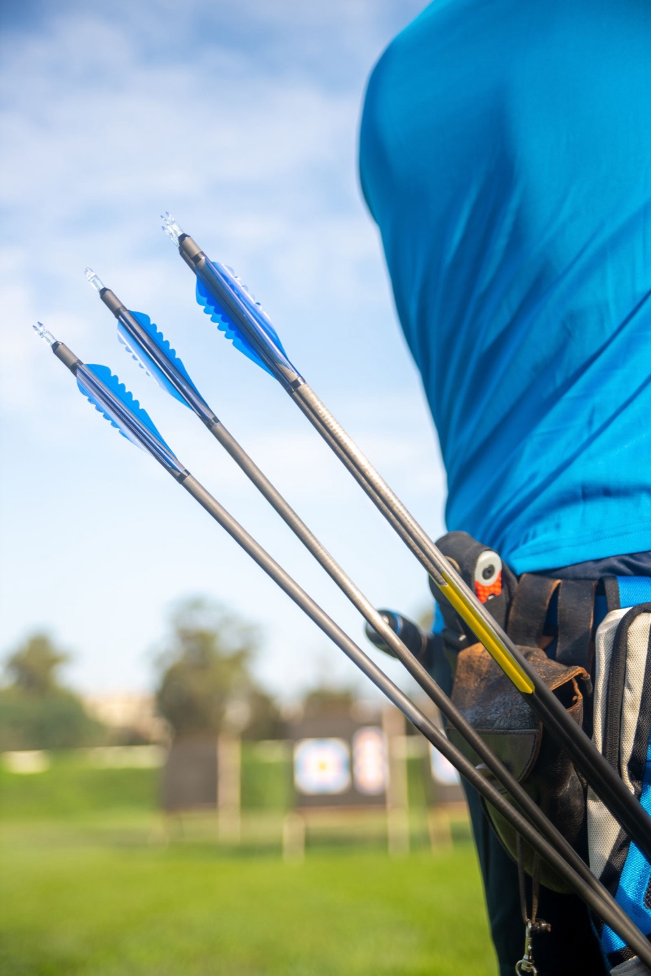 Carbon arrows in an archer's quiver on the shooting field
