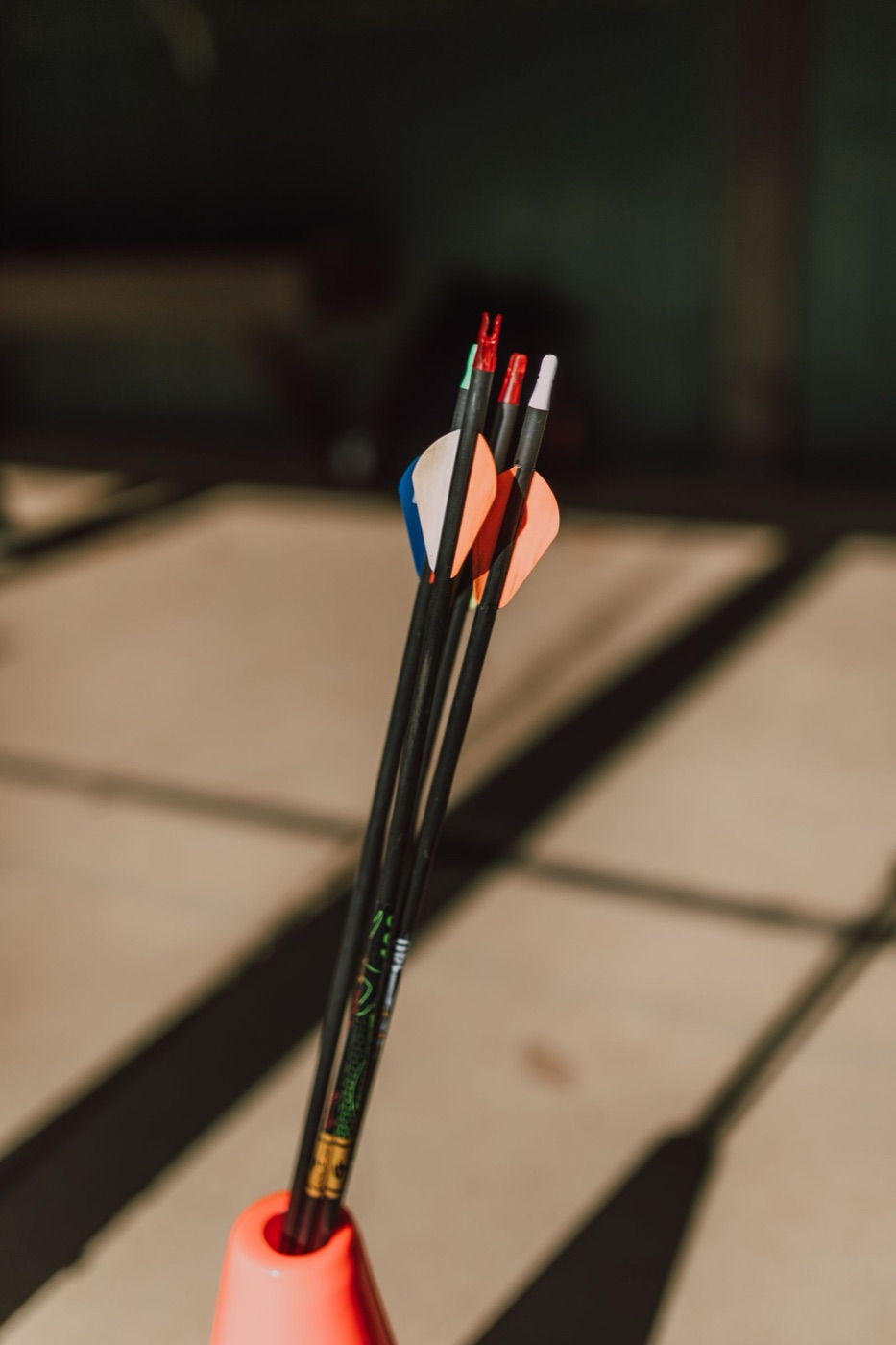 Arrows with coloured fletching in a quiver, backlit