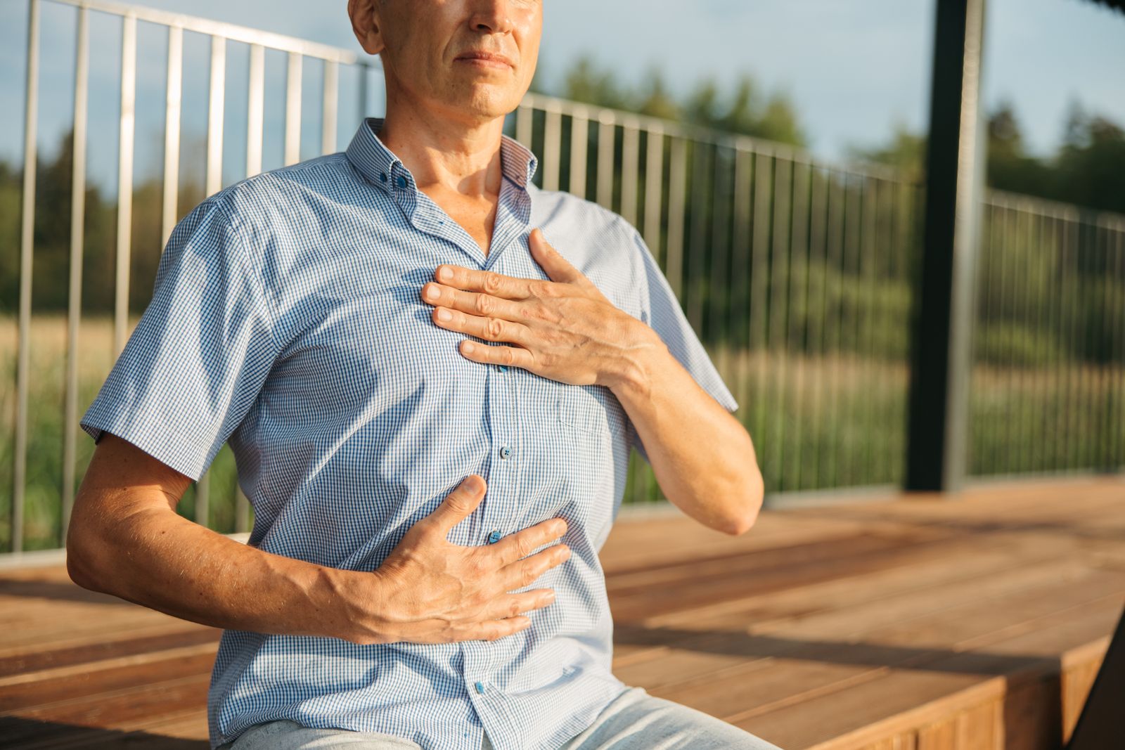 Diaphragmatic breathing check: one hand on the chest, one on the abdomen